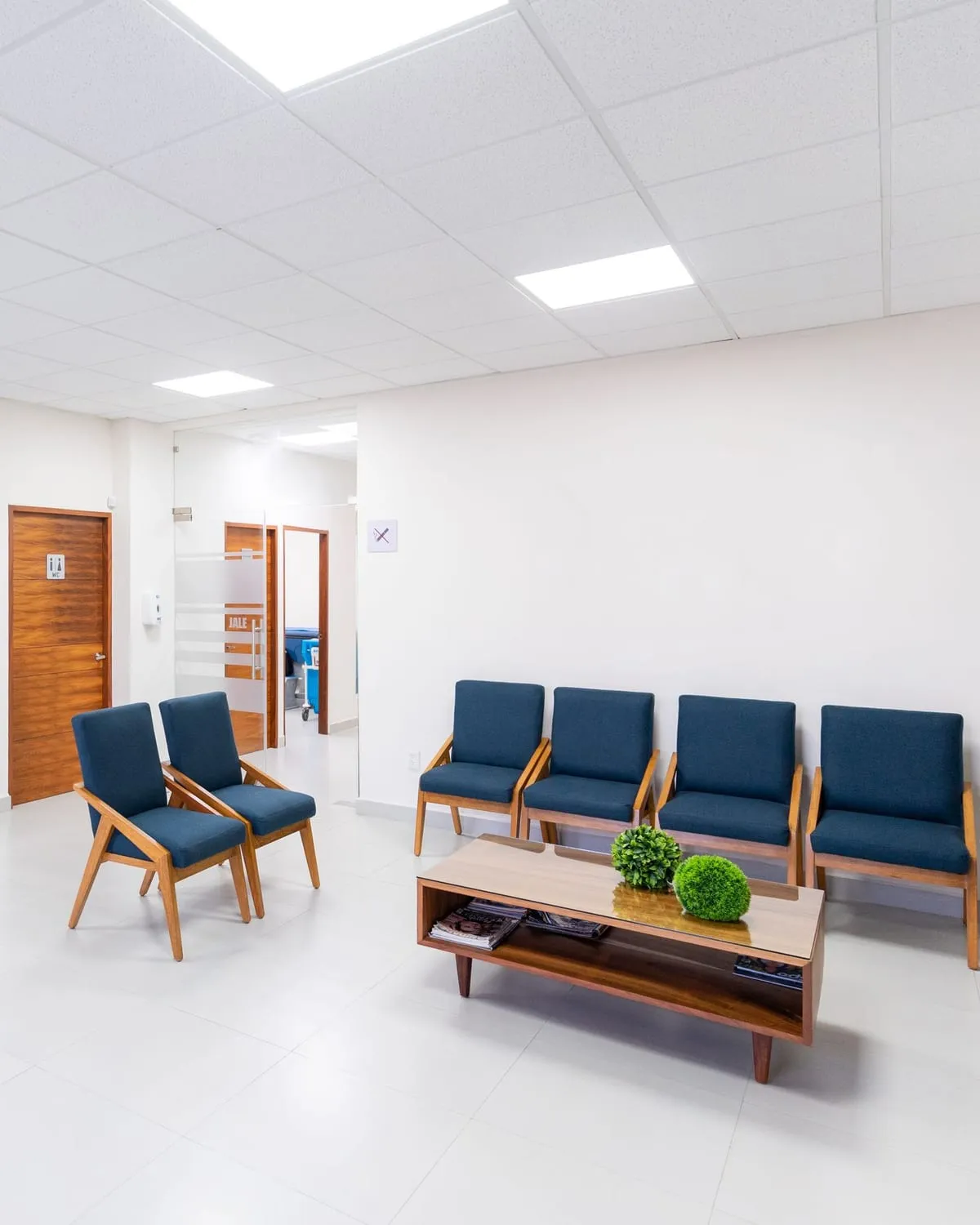 Sala de espera de un centro médico con sillones y mesa baja
